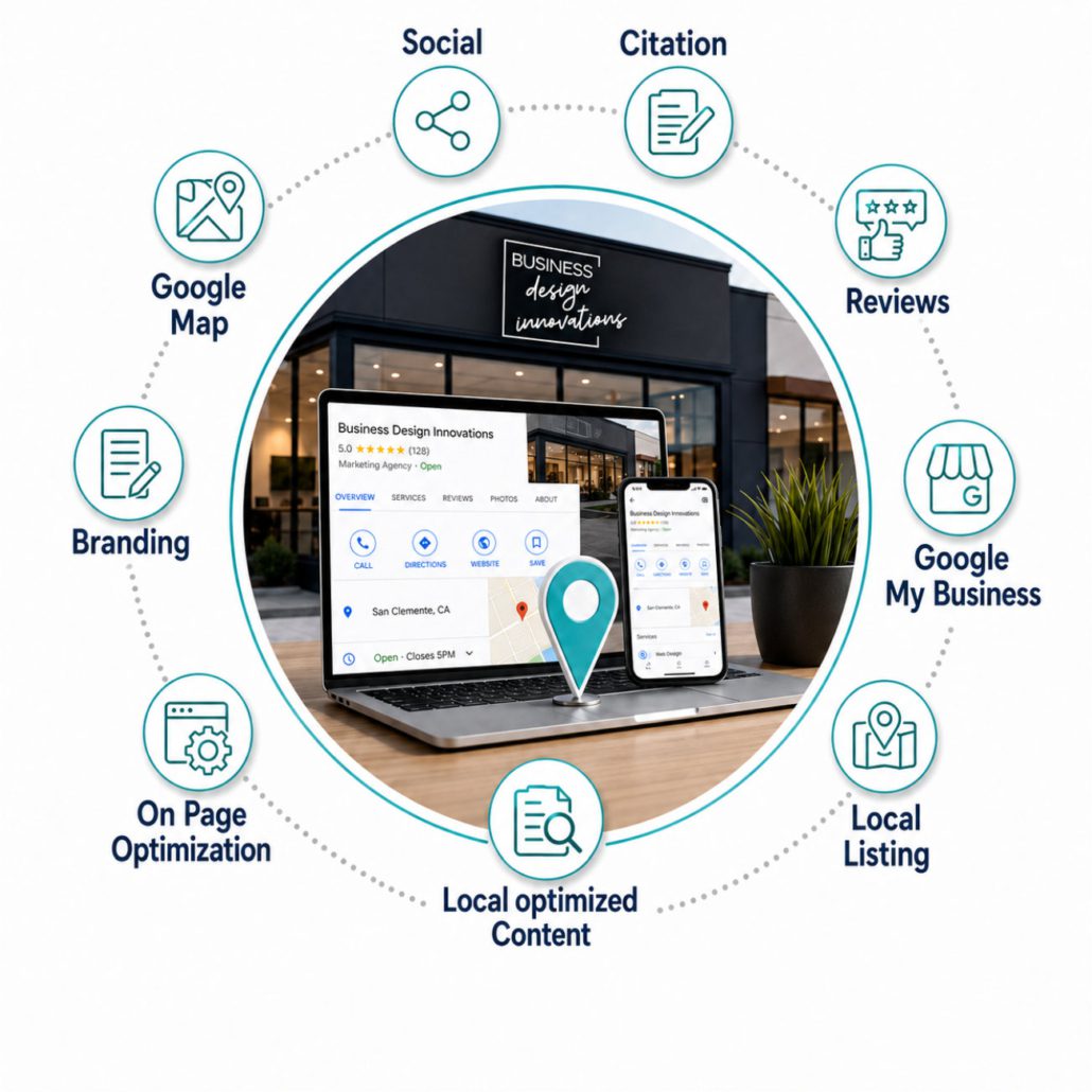 Local SEO services diagram: Google Maps, Google Business Profile, reviews, citations, on-page optimization and local content