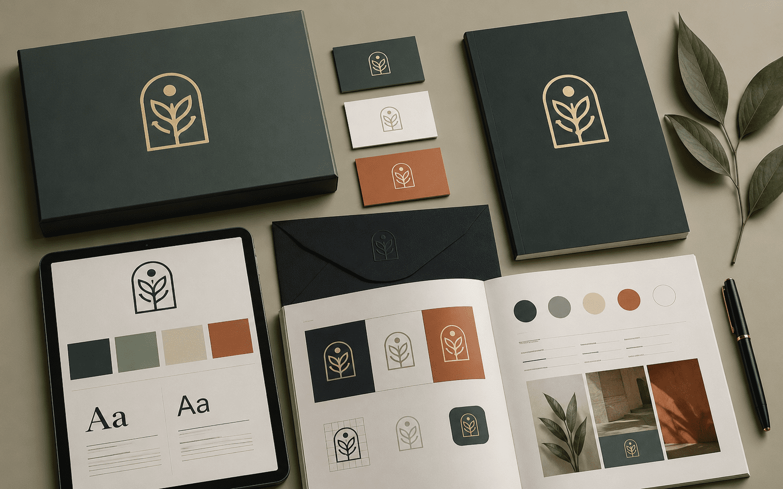 Business Design Innovations branding package with laptop, brand guide, and logo materials
